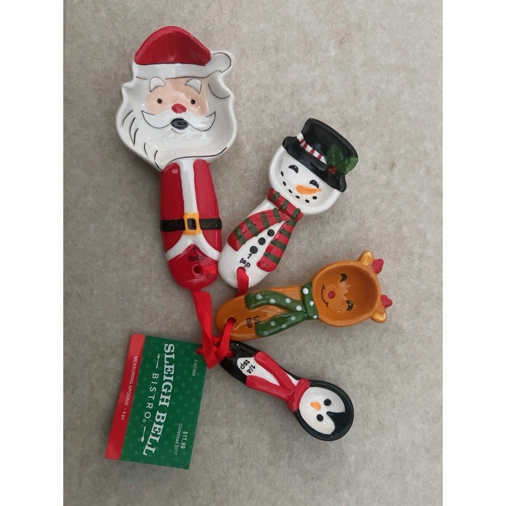 NEW NWT LOT OF 4 SLEIGH BELL BISTRO CHRISTMAS MEASURING SPOON SET SANTA REINDEER